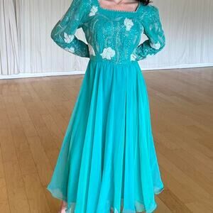 Jack Bryan Women’s M/L Gown Turquoise Chiffon Dress Sequin Floral Long Sleeve